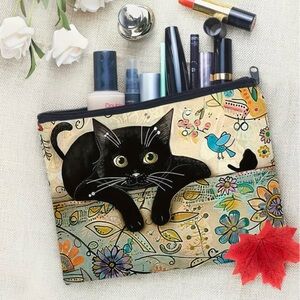 Whimsical Chic Cat Canvas Makeup Bag Spacious Pouch